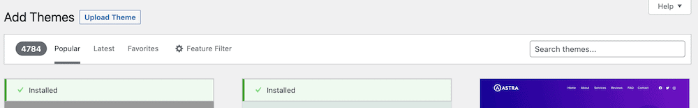 The dedicated themes filter bar within WordPress.