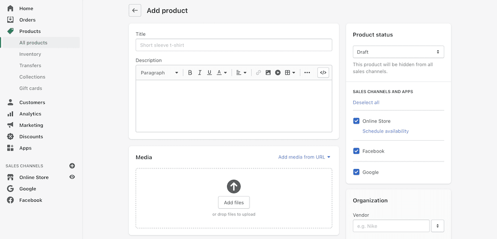 Adding a product within Shopify.