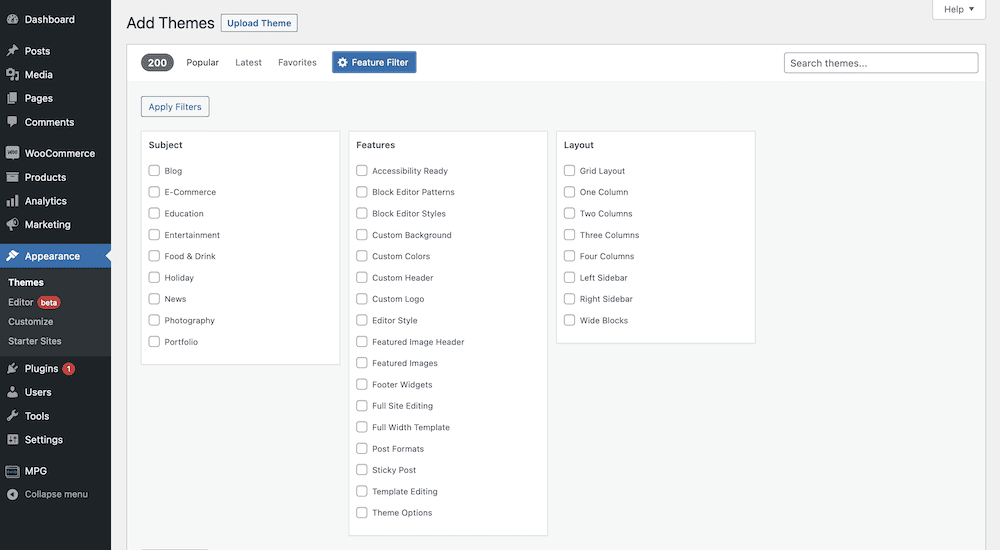 WordPress' feature filter, showing all of the attributes you can filter for.
