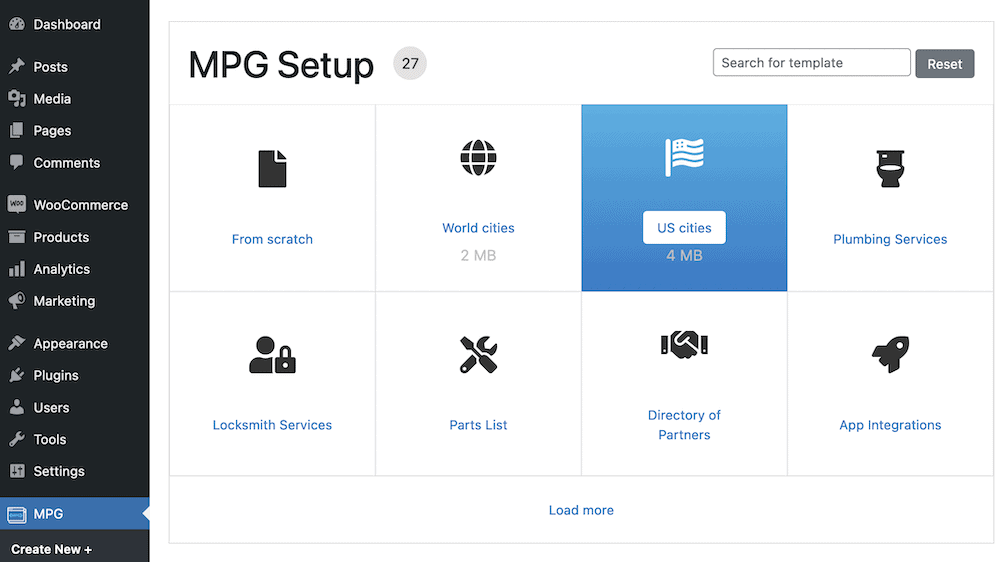 The MPG Setup page for WordPress page generator