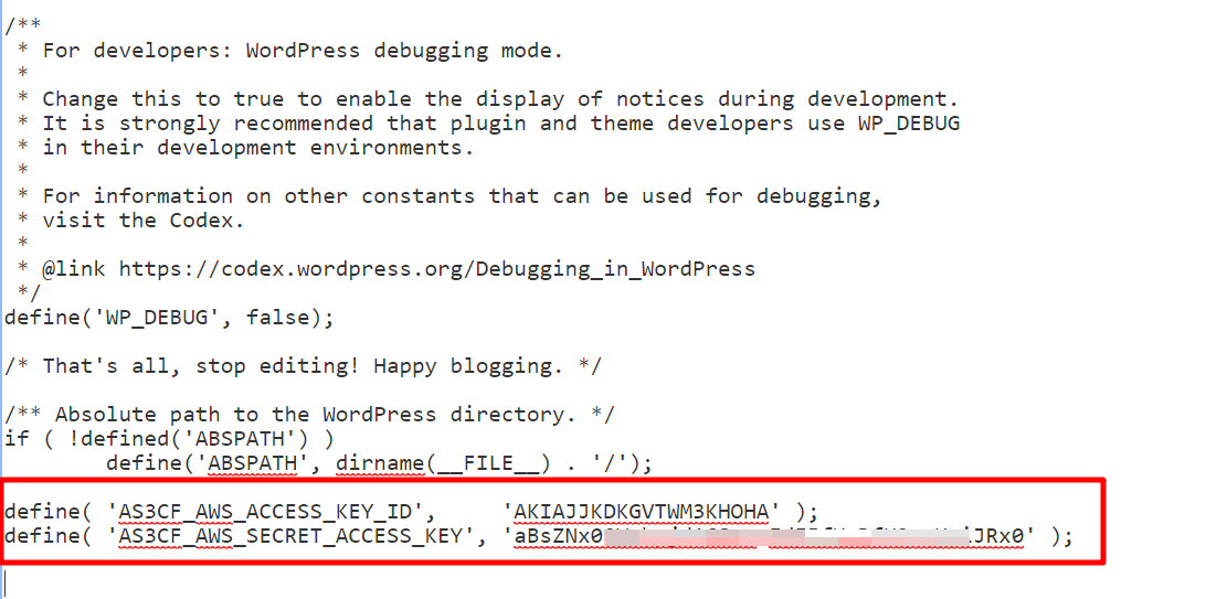 add wordpress s3 access keys to wp-config.php