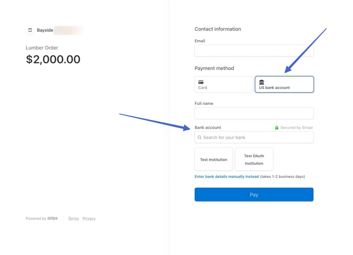 the stripe ACH payment page 