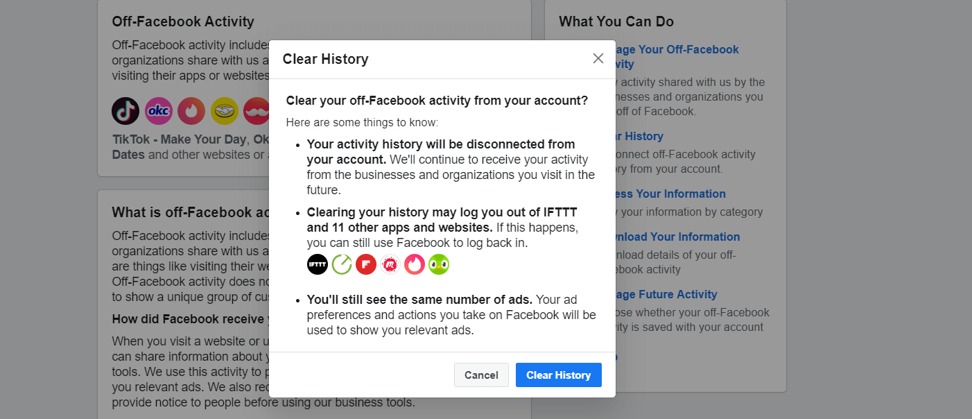 Clearing your Facebook data history