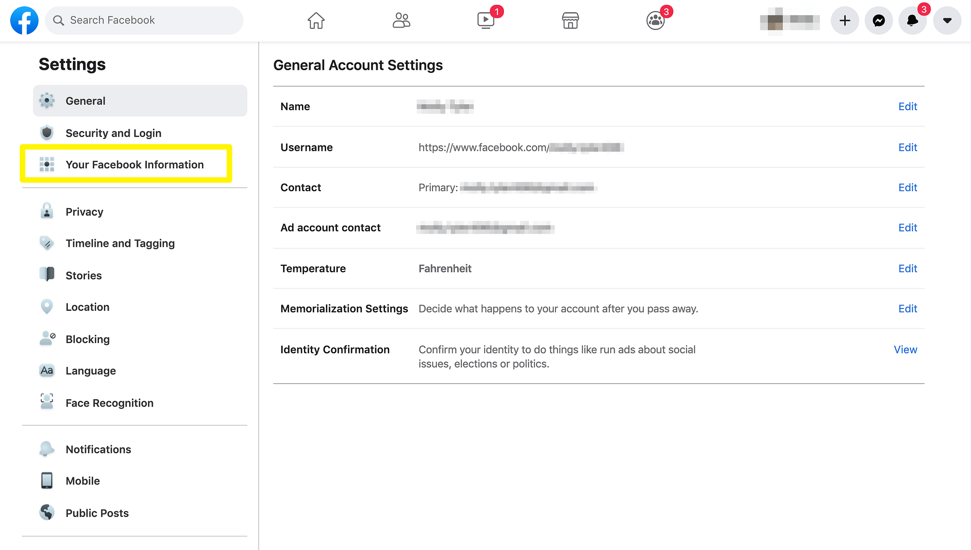 Accessing Facebook's information settings