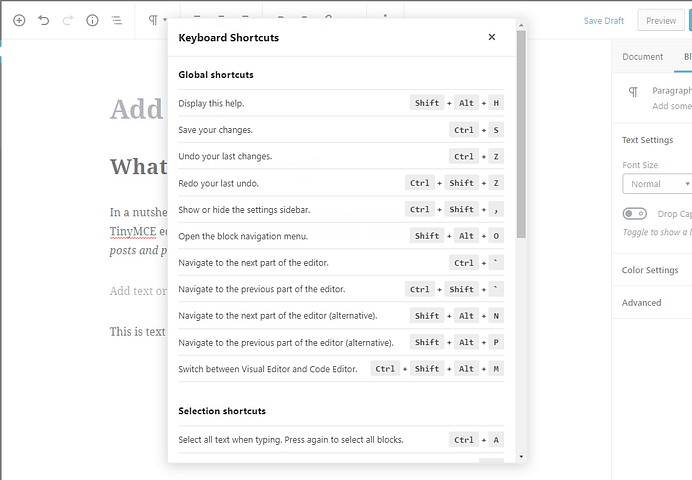 Gutenberg keyboard shortcuts