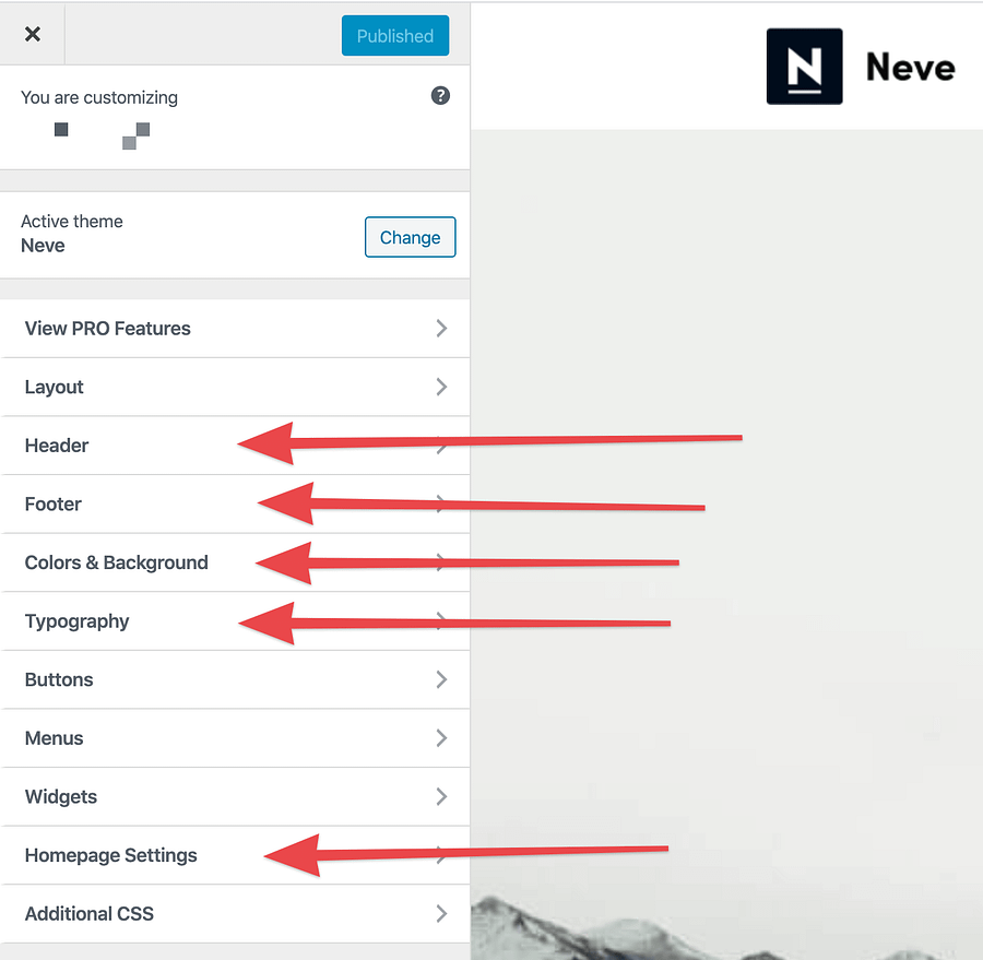 neve customizer settings