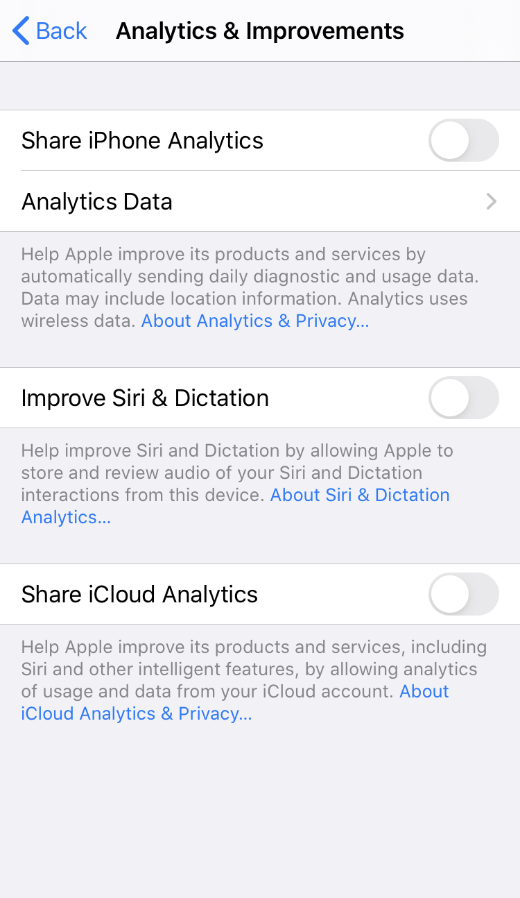 iPhone analytics and improvements settings to stop apps tracking you