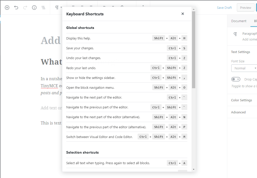 Gutenberg keyboard shortcuts