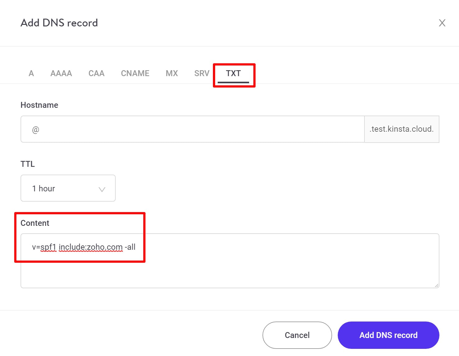 Adding SPF record at Kinsta