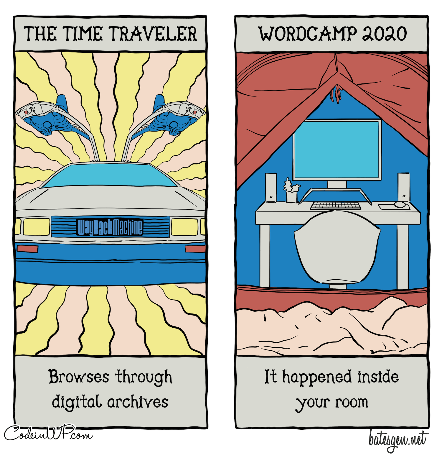 Tech comics version of the tarot: Wayback Machine and WordCamp 2020