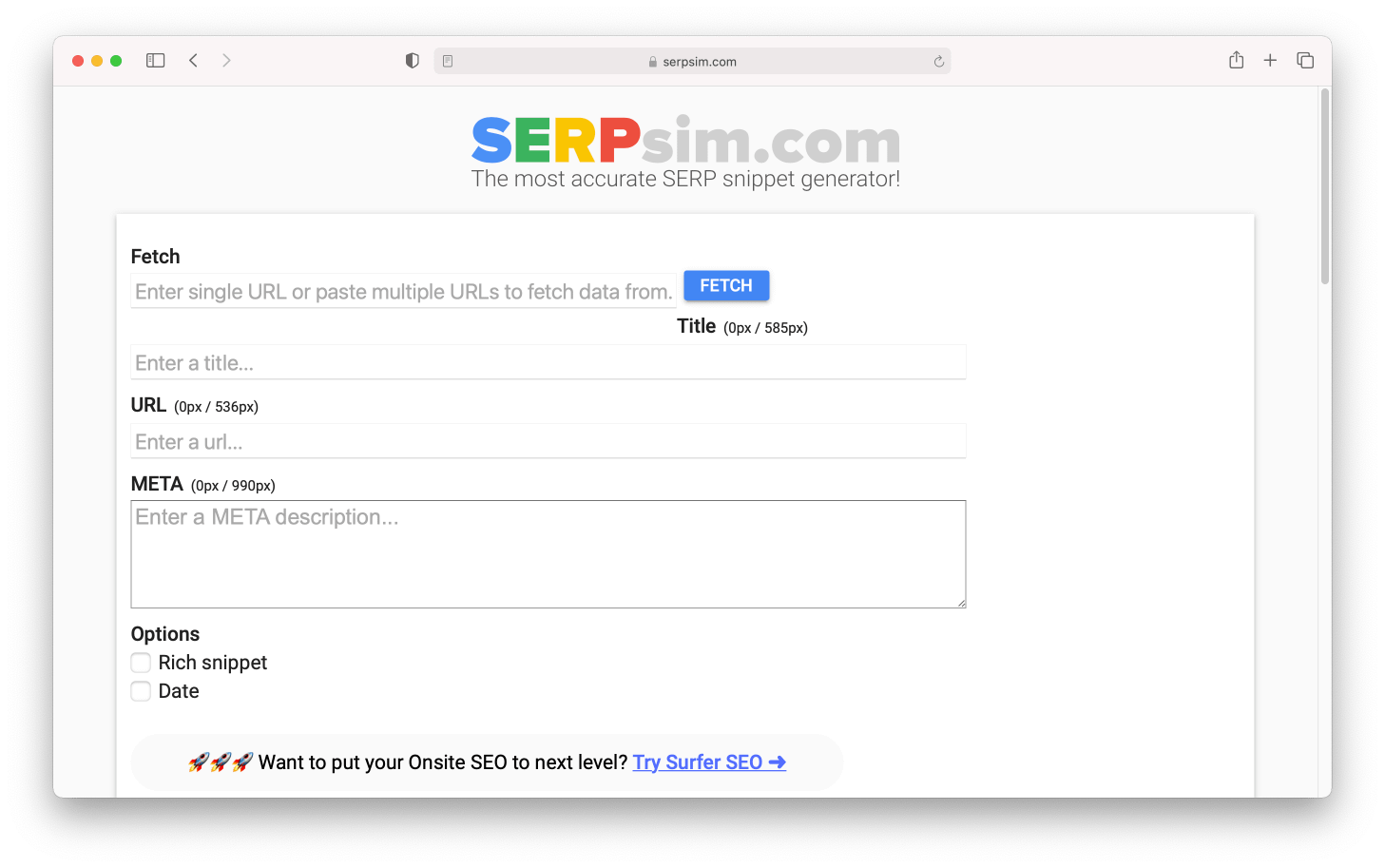 SERPsim is an SEO tool that generates exampls of how you page will appear in search results