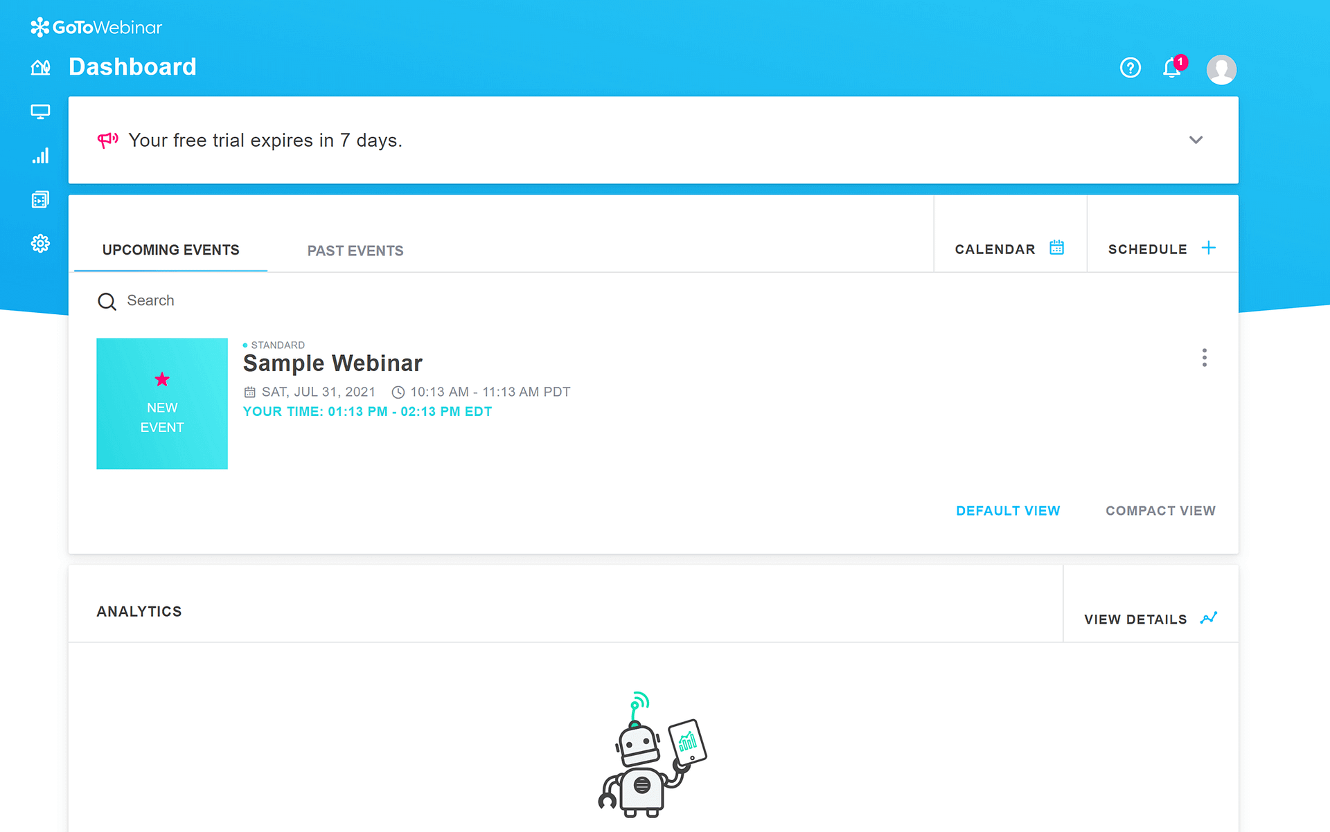GoToWebinar dashboard