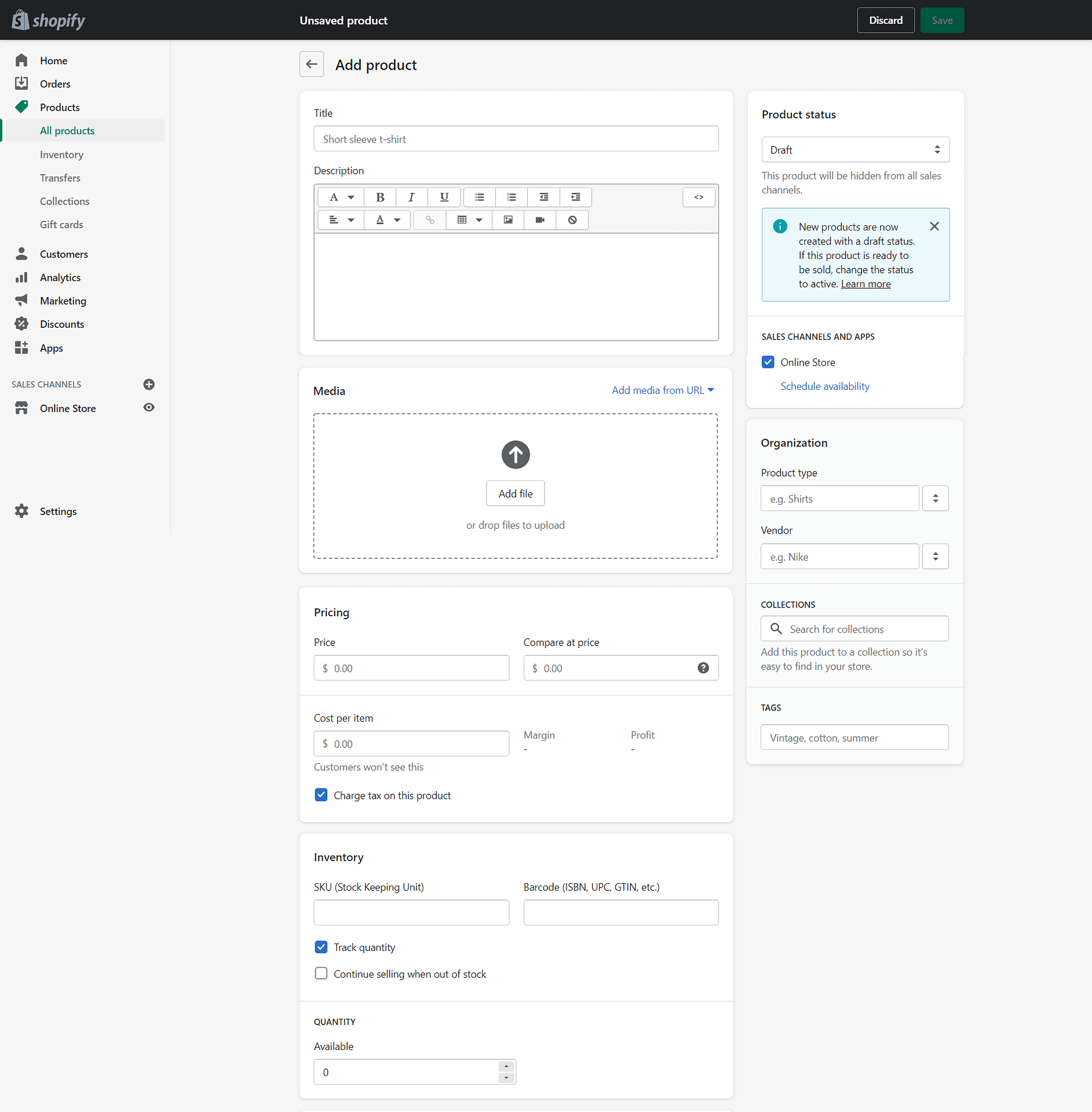 The screen to add a product on Shopify.