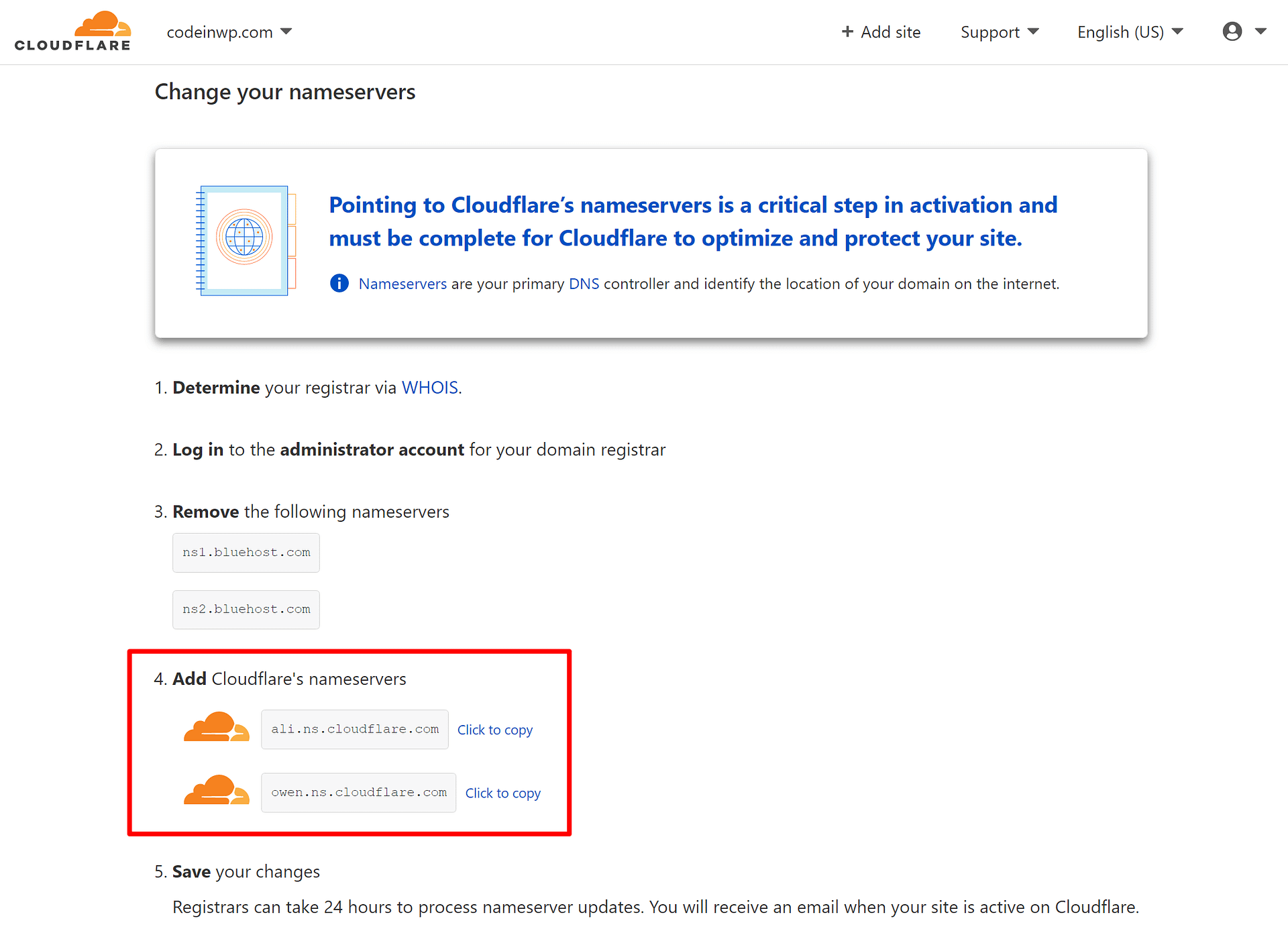 Example of nameservers at Cloudflare