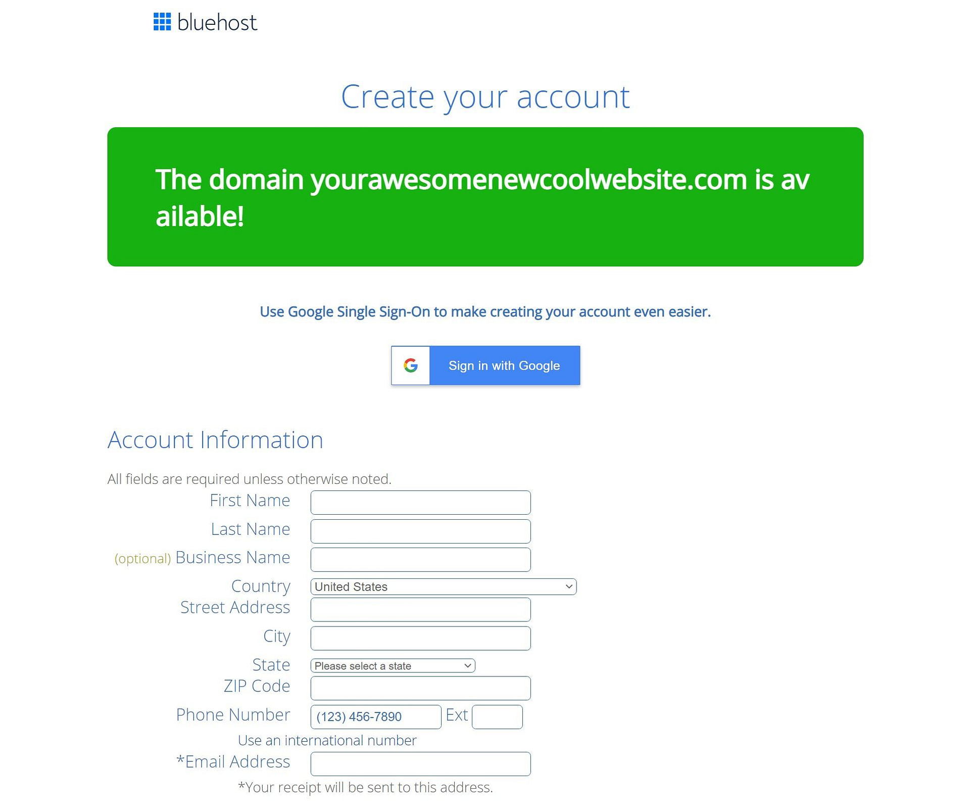 Enter Bluehost account information