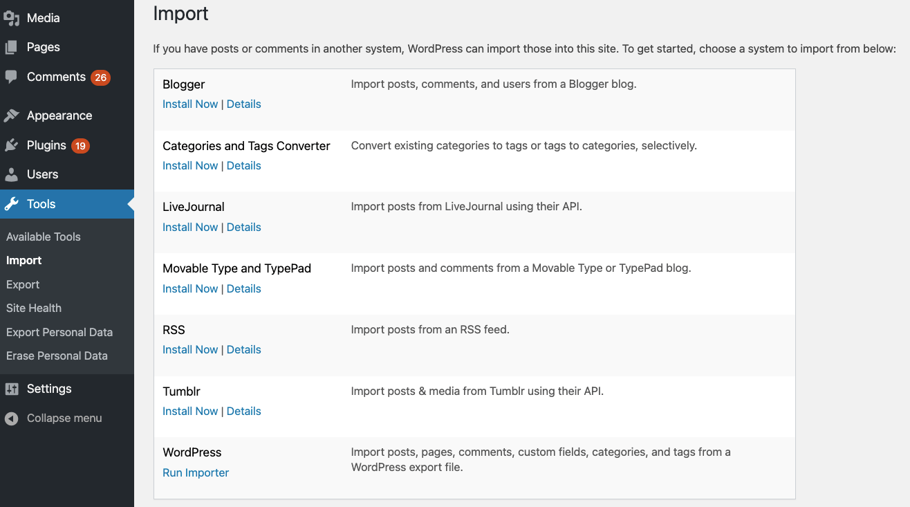 WordPress import and export tools