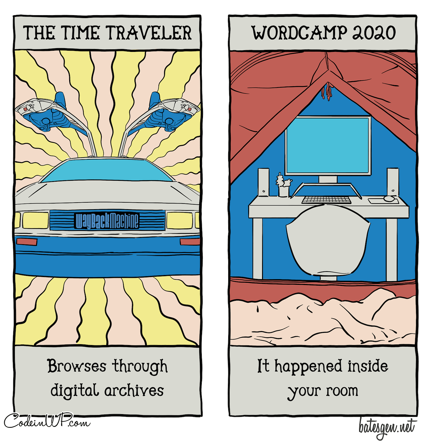 Tech comics version of the tarot: Wayback Machine and WordCamp 2020