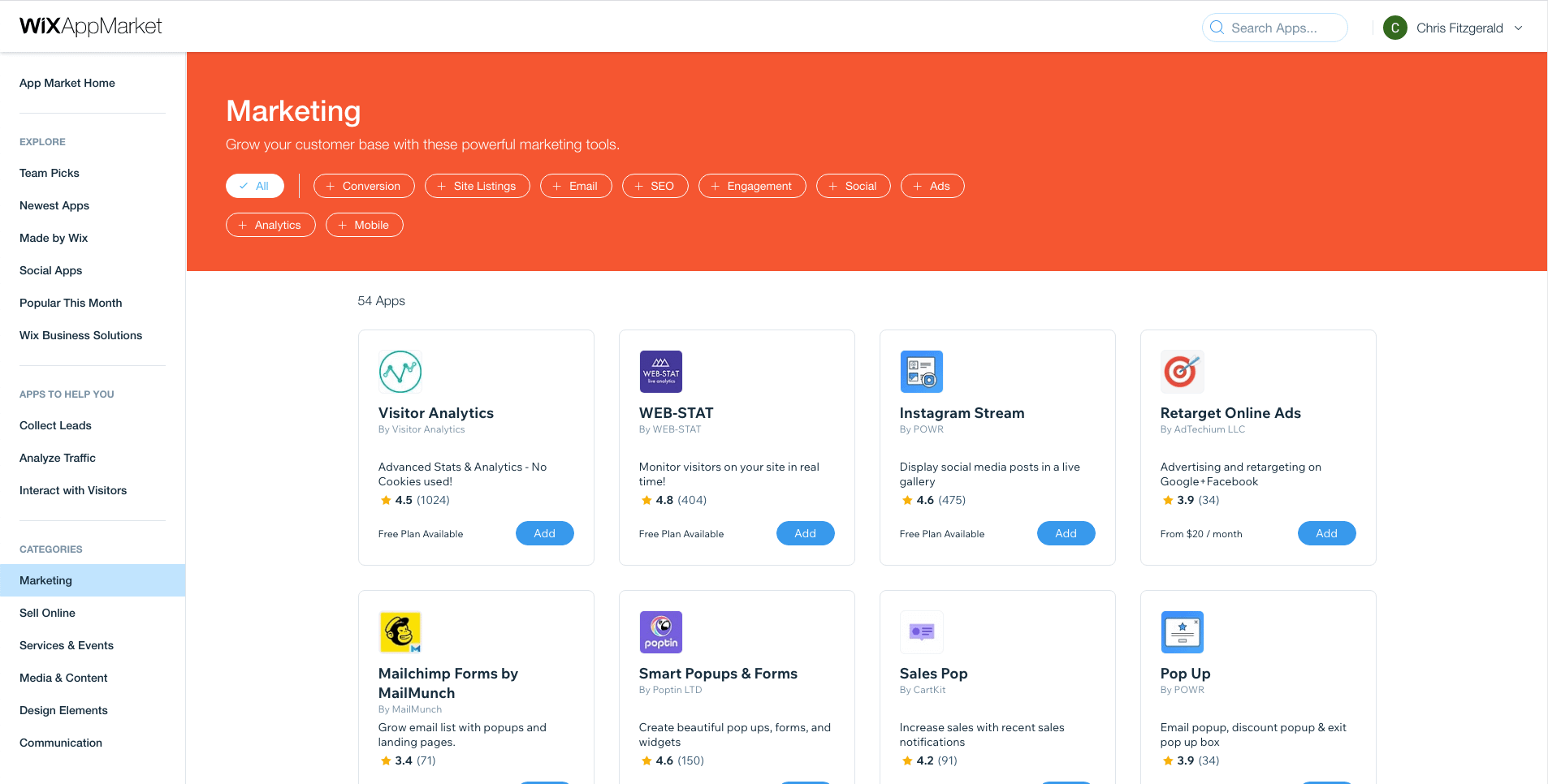 The Wix app marketplace.