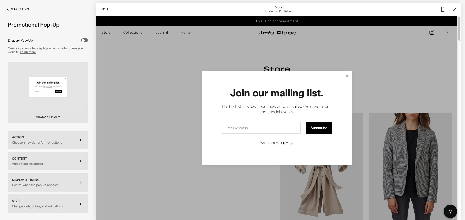 Creating popups is easy with one of our top ranked eCommerce website builders, Squarespace.