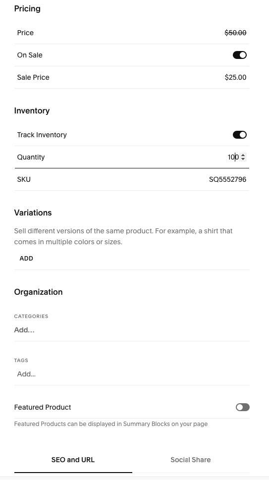 Tracking inventory and creating products in the popular eCommerce website builder: Squarespace.
