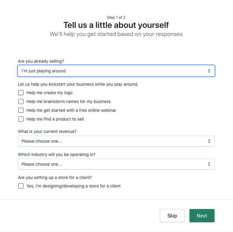 Questions you will be asked to help set up your Shopify store.