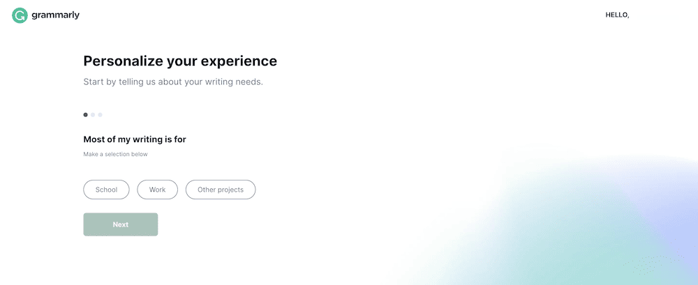 The Grammarly onboarding wizard.