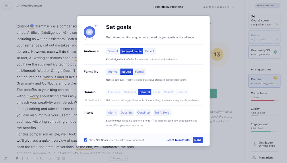 Setting goals within the Grammarly browser app.