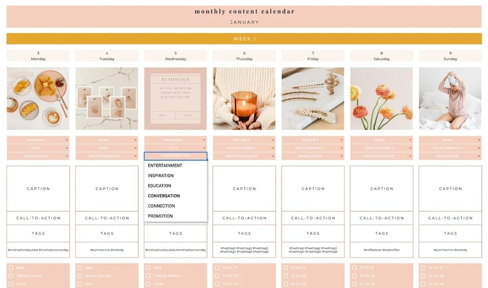 An example of a visual monthly content calendar, which is an important element of blog planning.