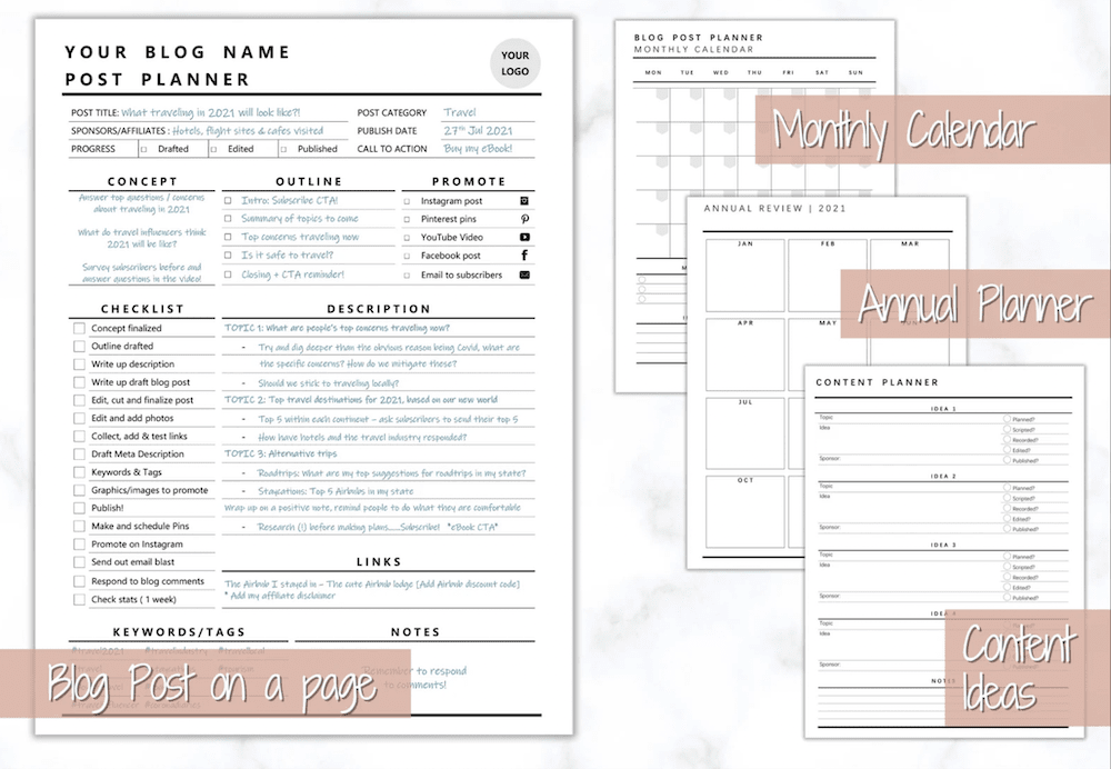 A blogging planner that spans multiple pages.