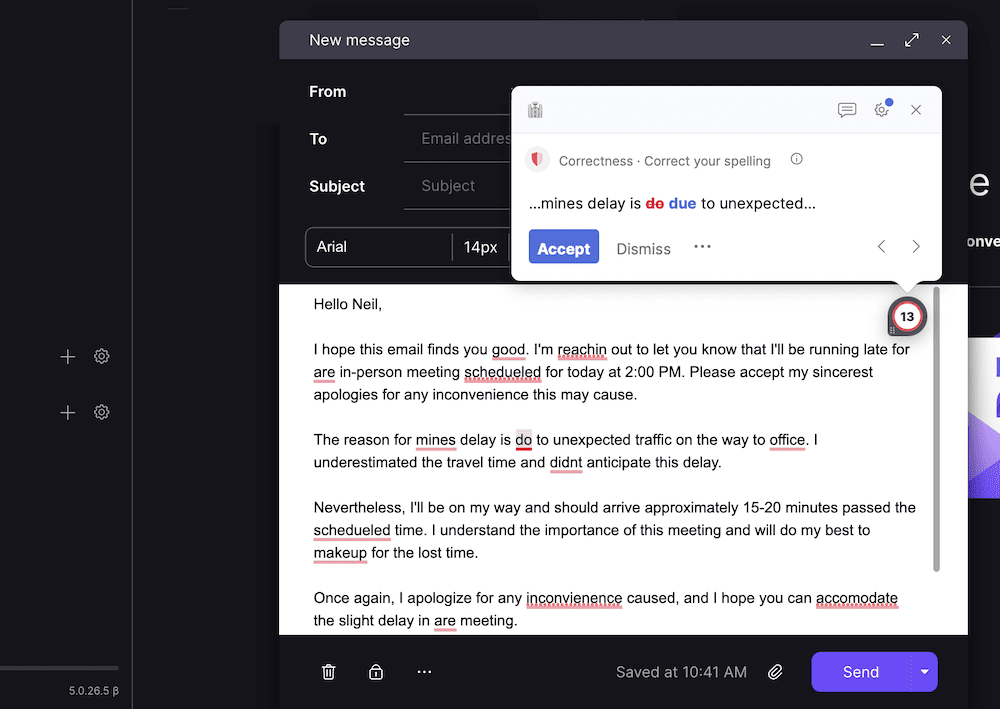 Using Grammarly's widget in browser as an overlay during email writing.