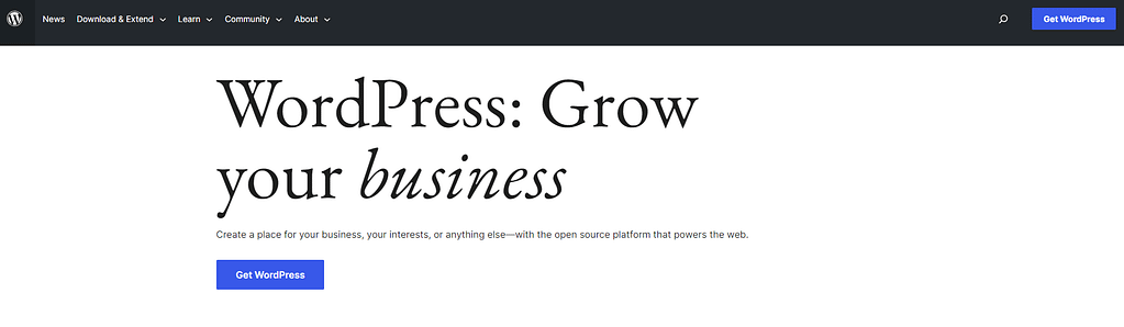 Ghost vs WordPress: WordPress homepage.