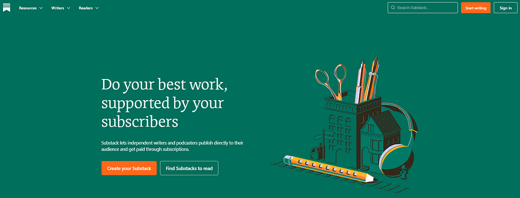 Substack vs Medium: Substack homepage.