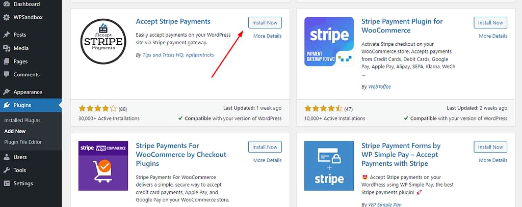 Add plugins area of WordPress showing payment plugins with a red arrow pointing to the "Install Now" option for the Accept Stripe Payments virtual tip jar plugin.