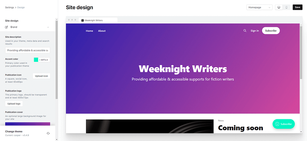 Ghost vs WordPress: Ghost site design editor with "Brand" menu open in the sidebar.