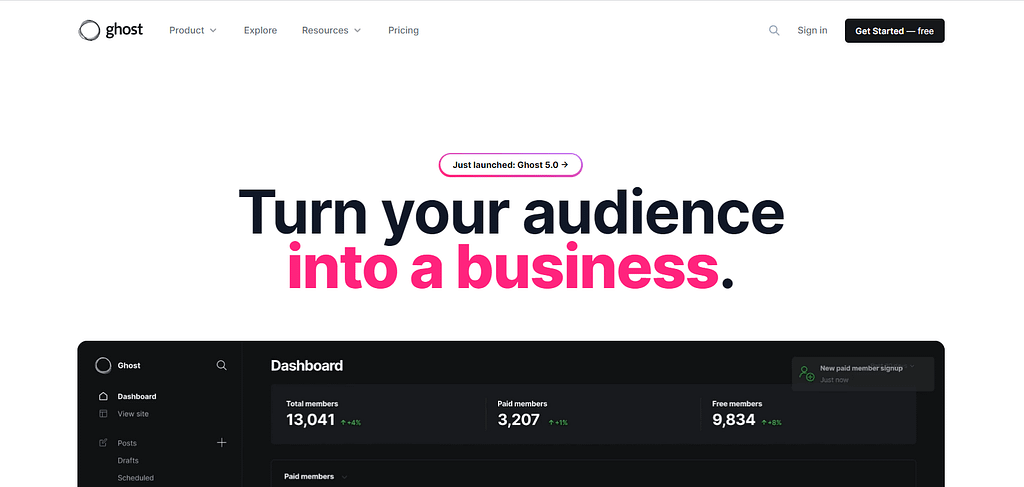 Ghost vs WordPress: Ghost homepage.