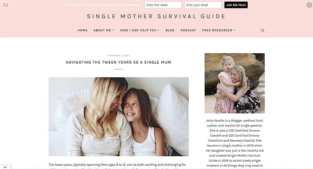 Single Mother Survival Guide homepage.