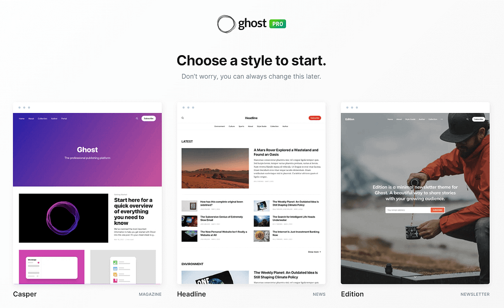Ghost vs WordPress: Ghost Pro theme selection area.
