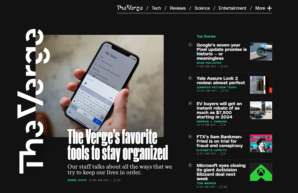The Verge homepage.