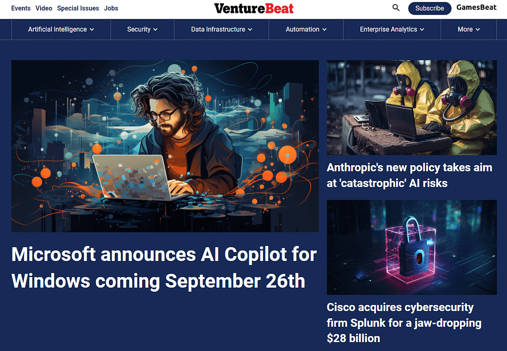 Homepage for VentureBeat, one of the best tech blogs for understanding the business side of tech.