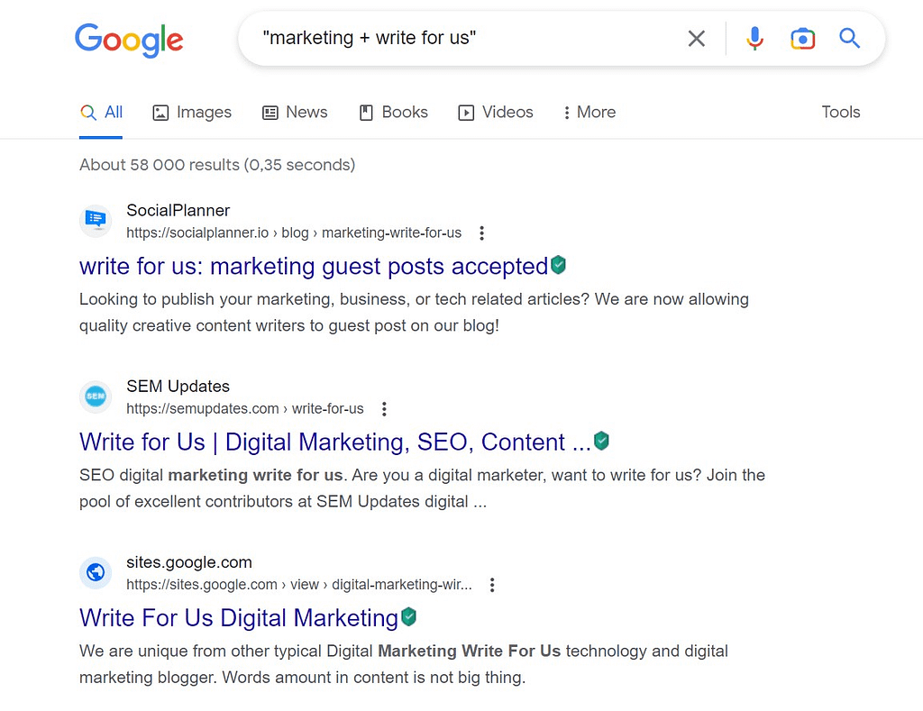 Google search for "marketing + write for us".