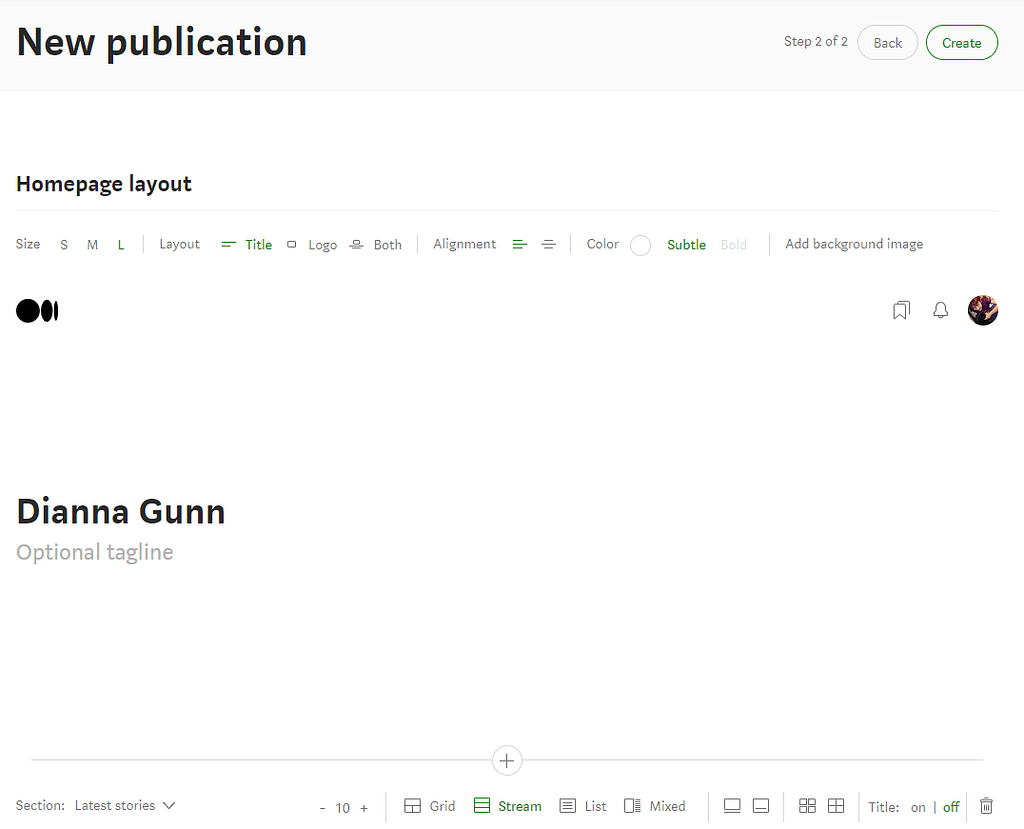 Substack vs Medium: Medium New publication Homepage layout setup.