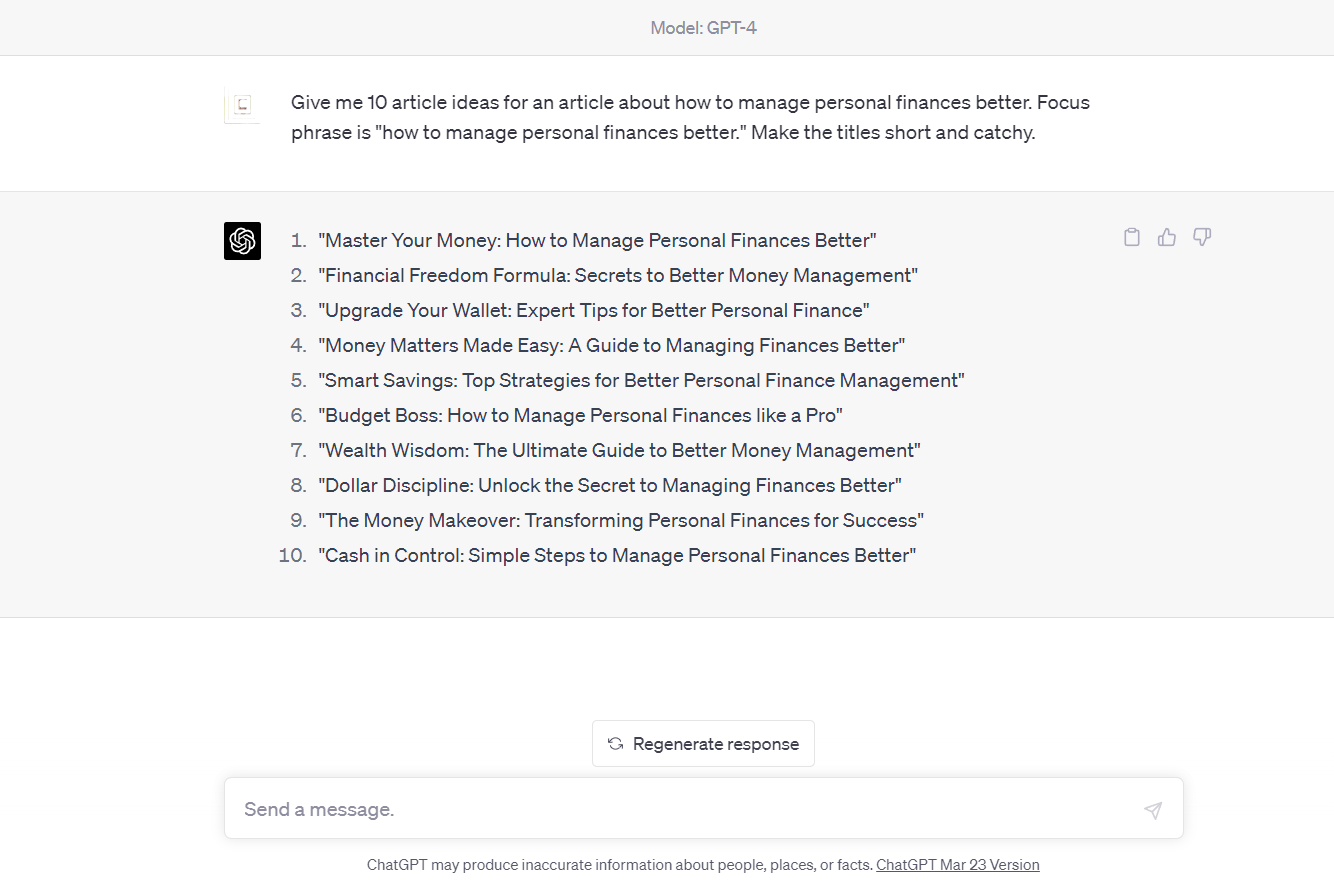 How to use AI to write blog posts by prompting ChatGPT to provide ten article ideas for an article about managing personal finances.