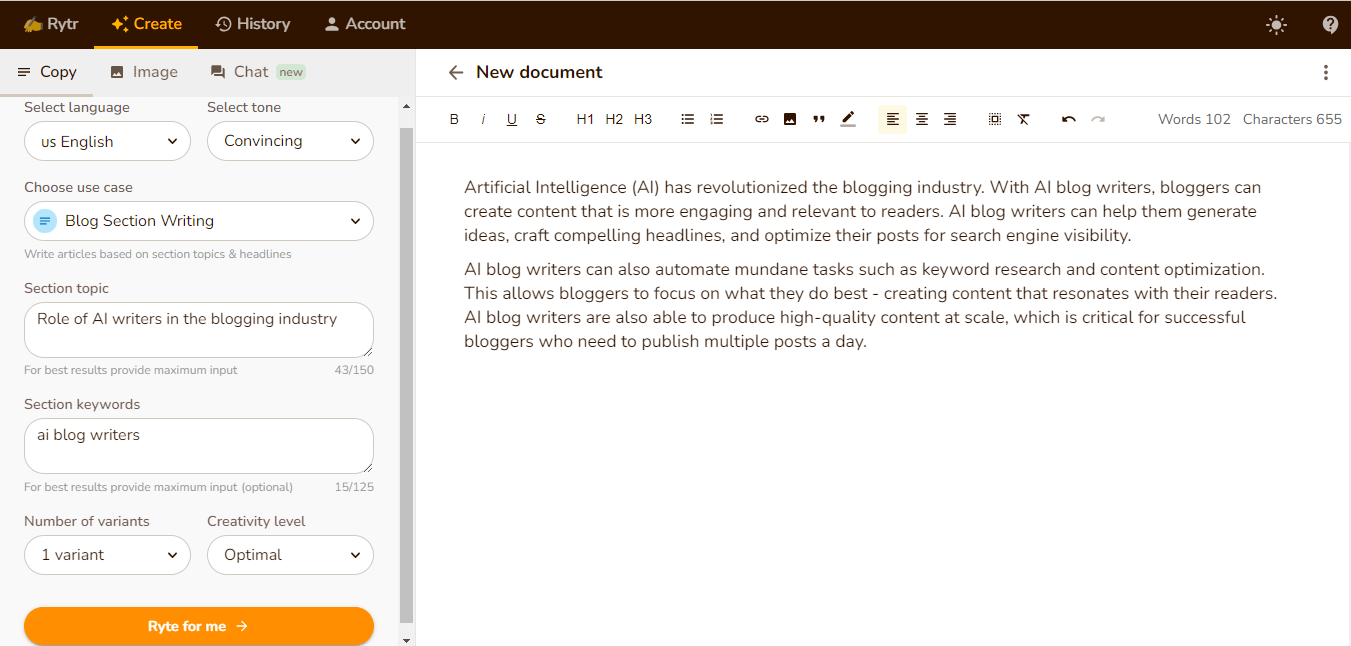 Rytr AI content generator.