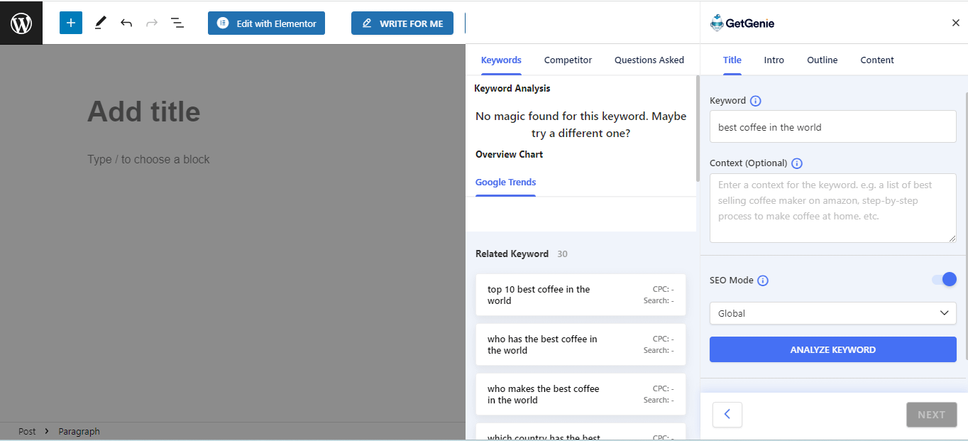GetGenie AI content writing tools integrate with WordPress as shown, allowing keyword analysis directly within the WordPress editor.