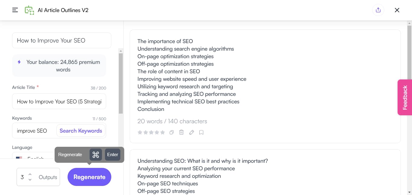 Writesonic AI content writer screenshot of article outlines.