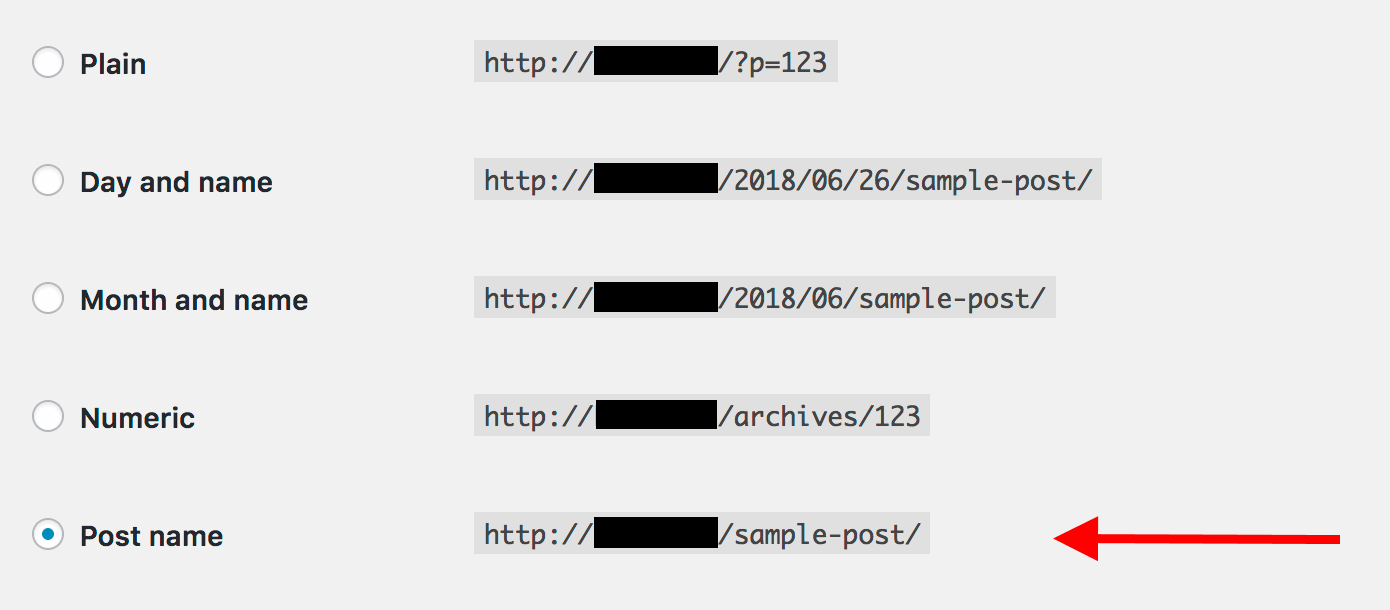 Setting up a blog: post name permalink setting.