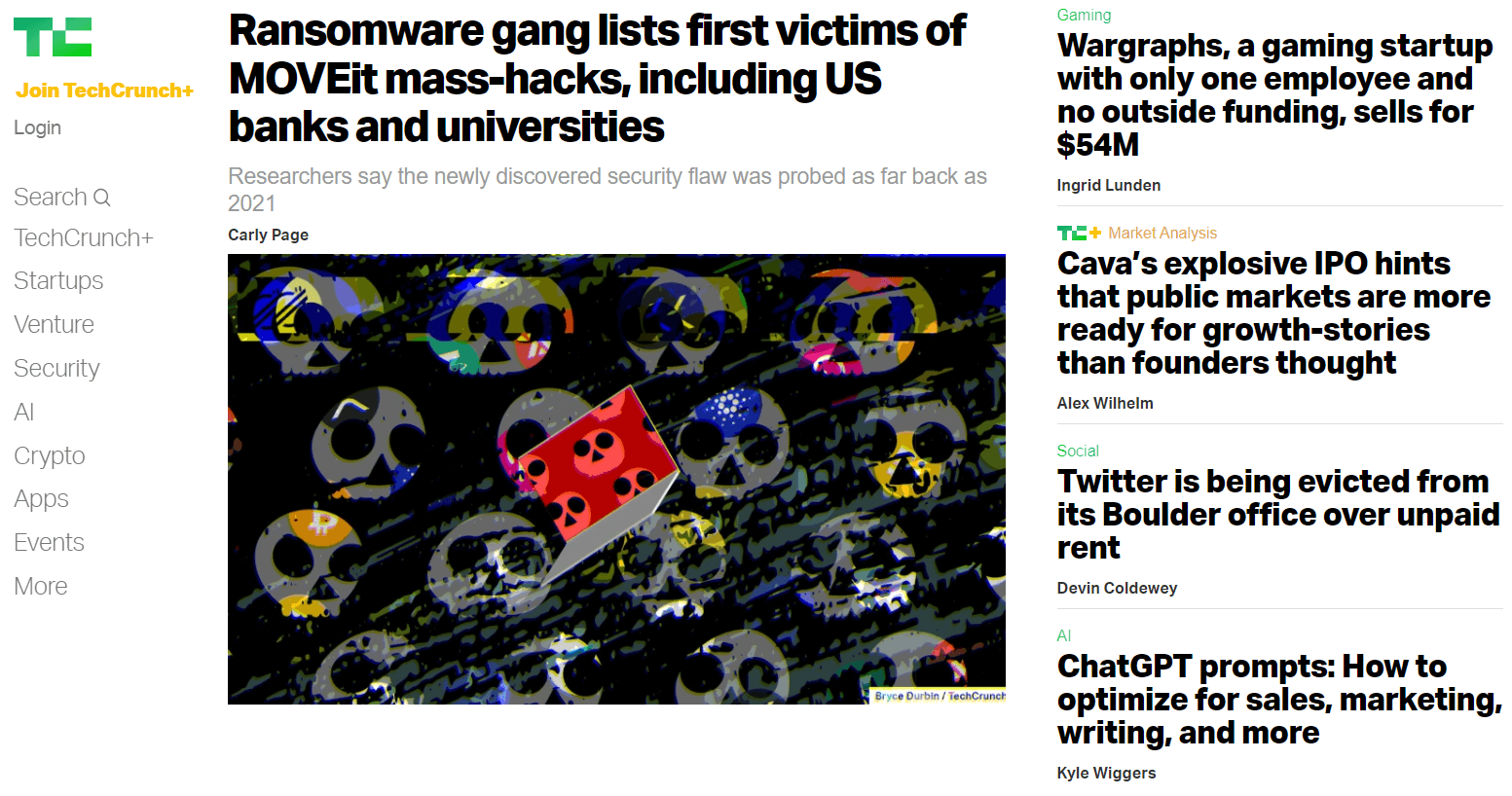 TechCrunch homepage example to demonstrate the blog vs podcast difference.