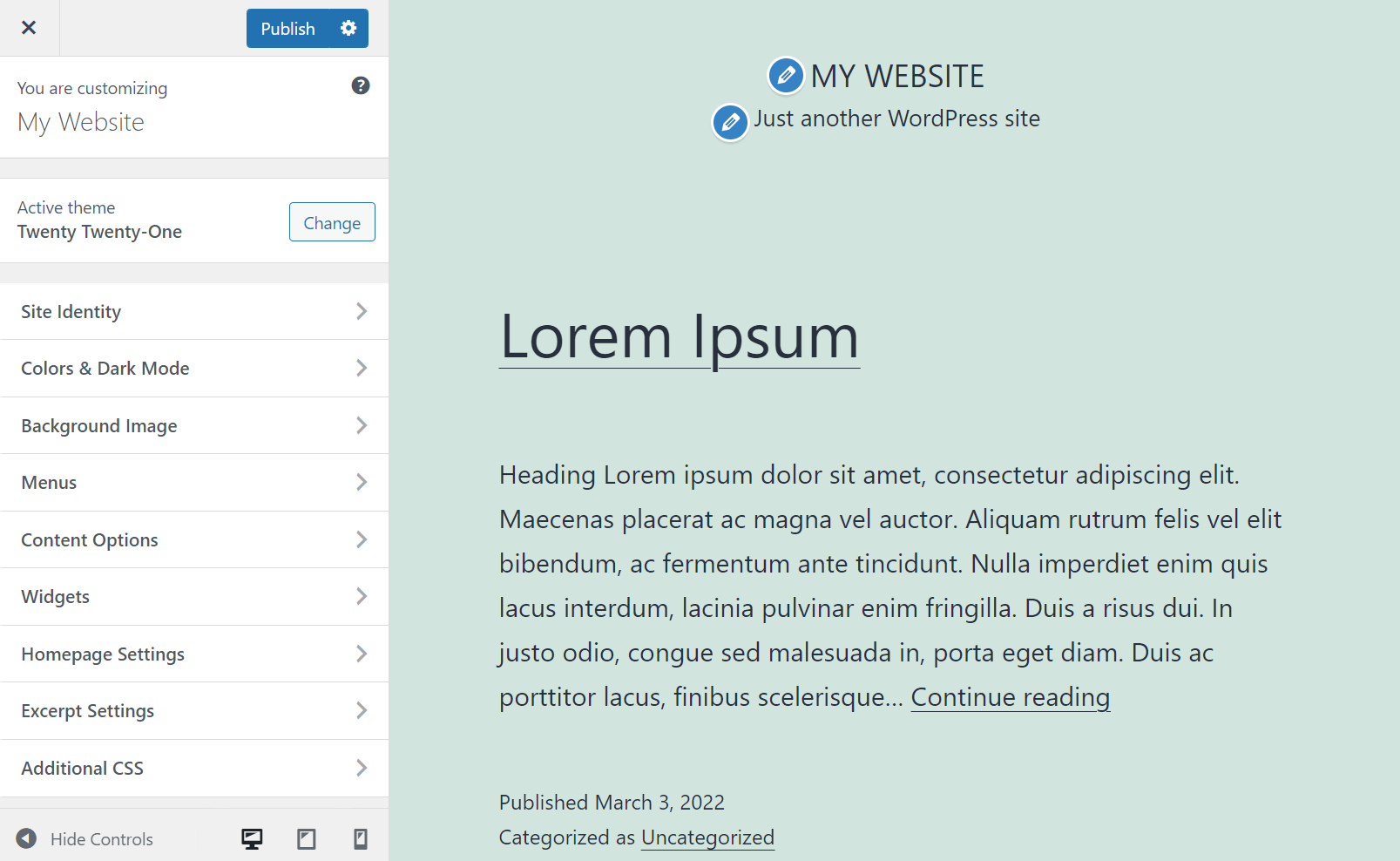The WordPress live customizer for use in a content marketing strategy.