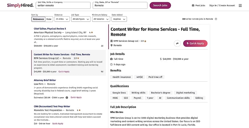 SimplyHired writing jobs.