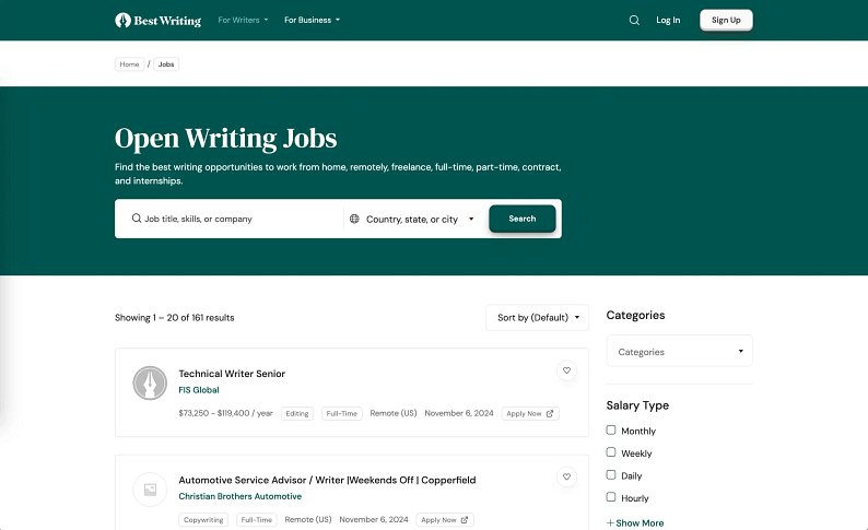 BestWriting.com jobs board page.